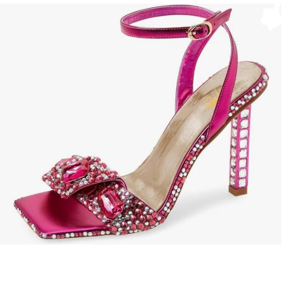 XYD Pink Sparkle Square Open Toe Buckle Ankle Strap Sparkling High Heel Sandals - Picture 1 of 8